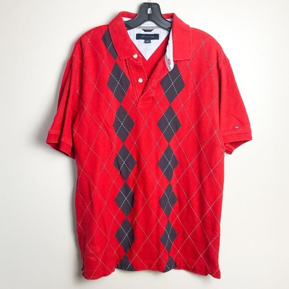 Tommy Hilfiger Argyle Print Red Cotton Polo Shrit Large - Picture 1 of 8